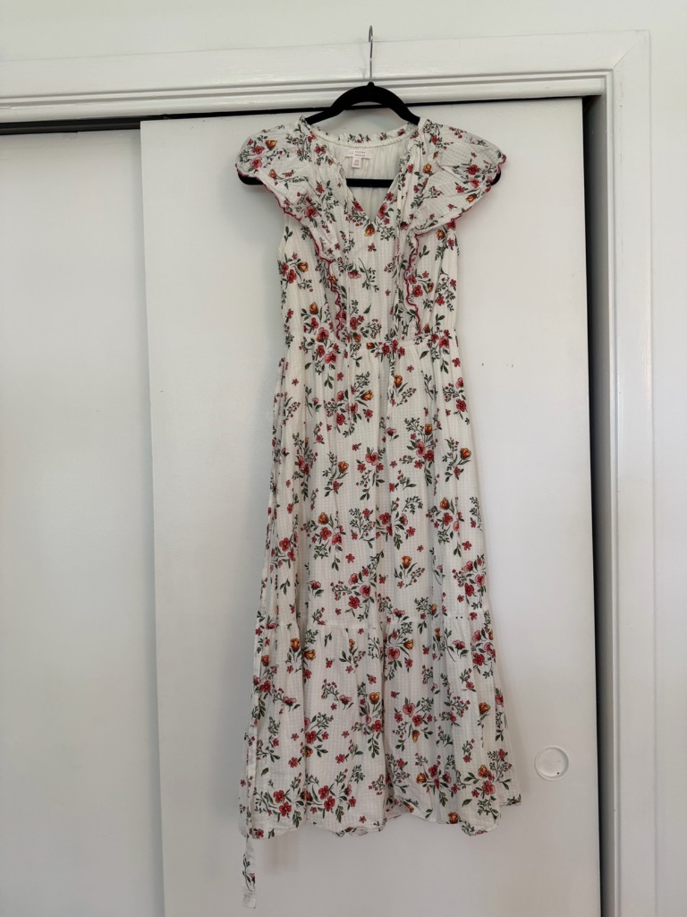 LC Lauren Conrad Ivory Floral Midi Dress with Pink & Green Print